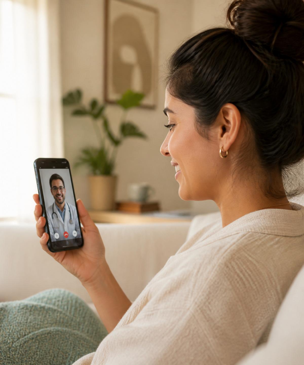 Paciente em consulta médica online pelo celular